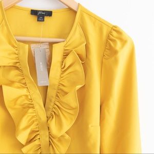 NWT J Crew Yellow Ruffle Front Notch Neck Long Sleeves Blouse, Size XS
